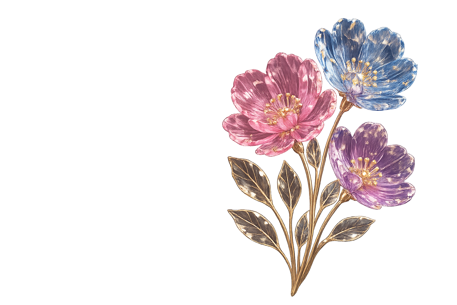 Glass flowers in pink, blue, and lavender with gold leaves